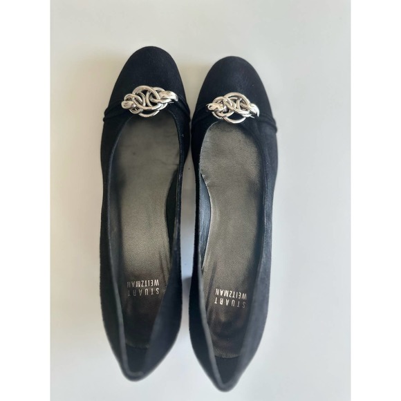 Stuart Weitzman Black Suede Block Heel Silver Decal Sz. 8N - Picture 3 of 7